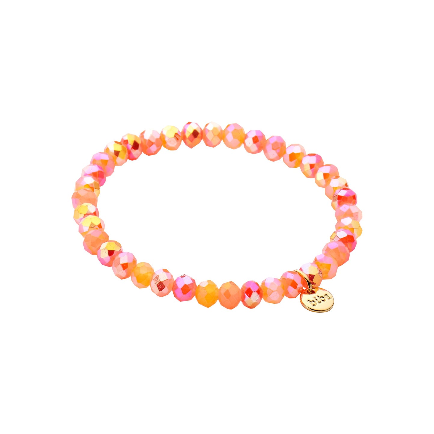 Biba Bracelet Orange-Pink Crystal Beads 18cm - 6mm beads on Elastic with Gold Charm