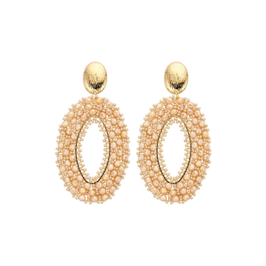 Biba Statement Earrings – Elegant Beige with Luxury Beading - 84 X 46mm