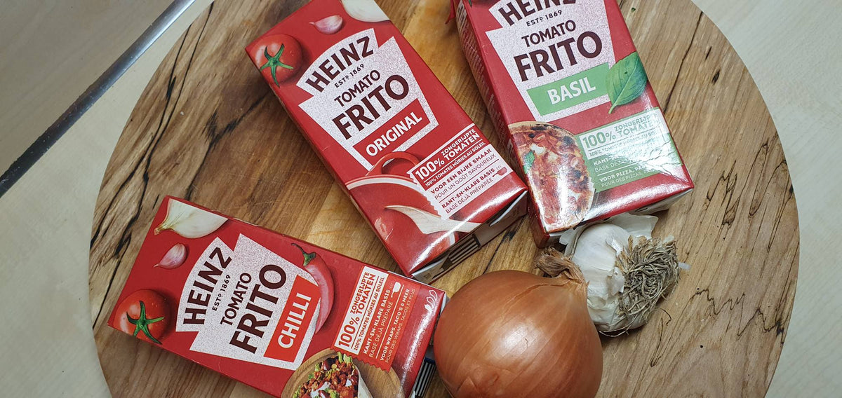 Crispy kip met Heinz Tomato Frito Basilicum pasta en verse groenten