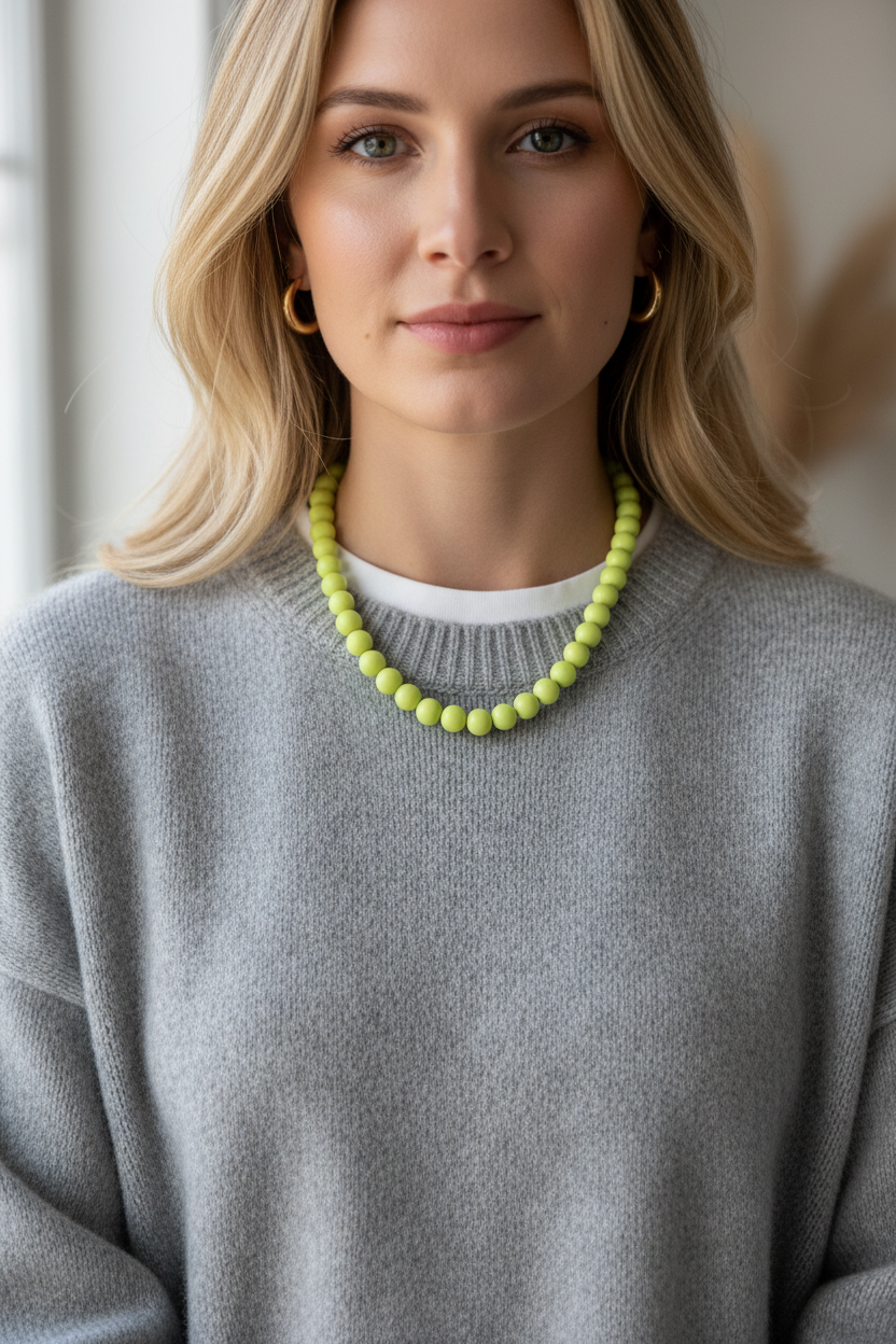 Gele kralenketting op grijze wollen trui - kralenketting trend 2026 The Collection