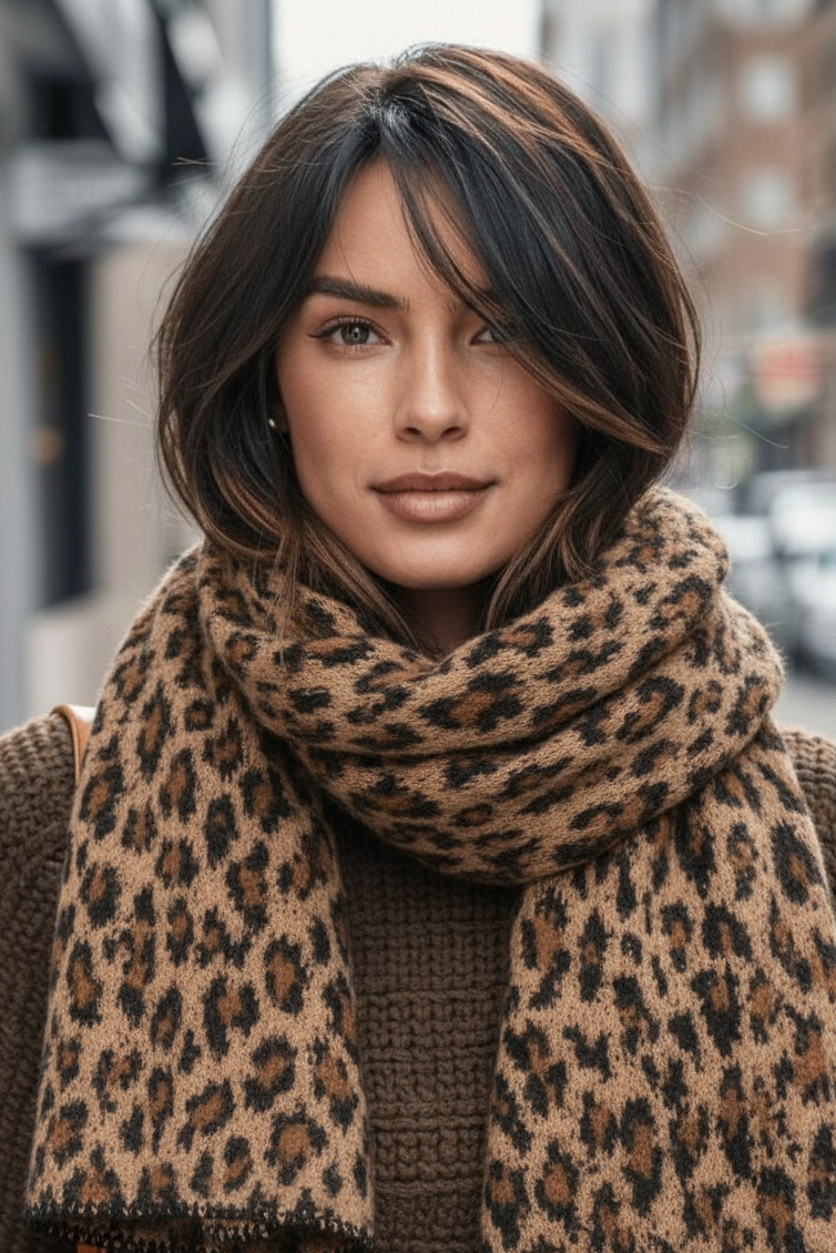 Vrouw met luipaardprint sjaal - wintersjaal stylen op 5 manieren van The Collection