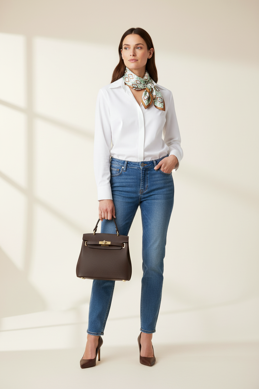 Vrouw met korte sjaal en tas - casual outfit met sjaaltje als accessoire trend 2026