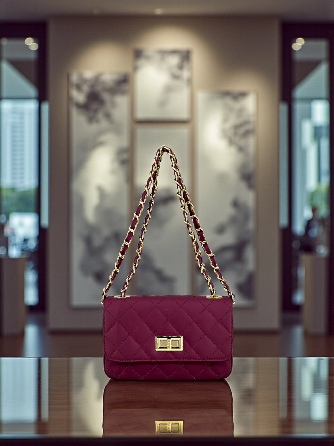 Metallic Leren Tas - Napa Koeienhuid met Suède Leer en Diamantvormige Stiksels