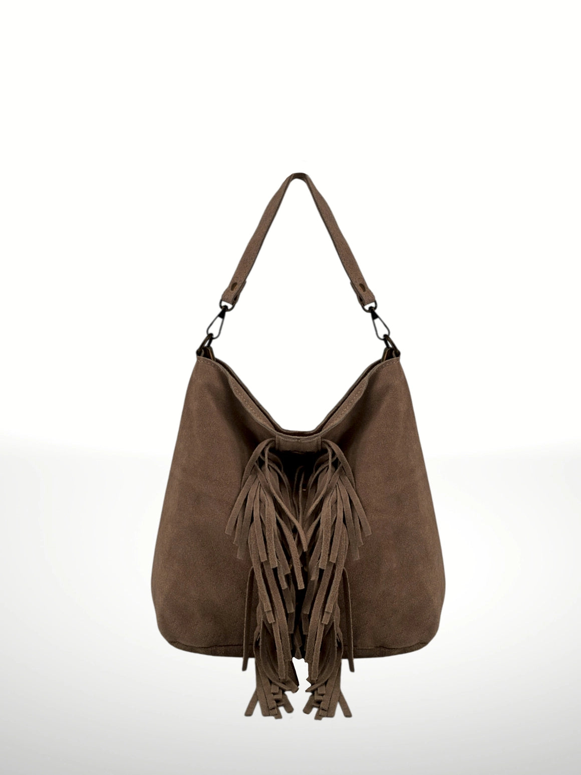 Bohemien Hobo Tas Taupe Oscuro met Franjes - Echt Suède Rundleer - Italian's Leather Collectie