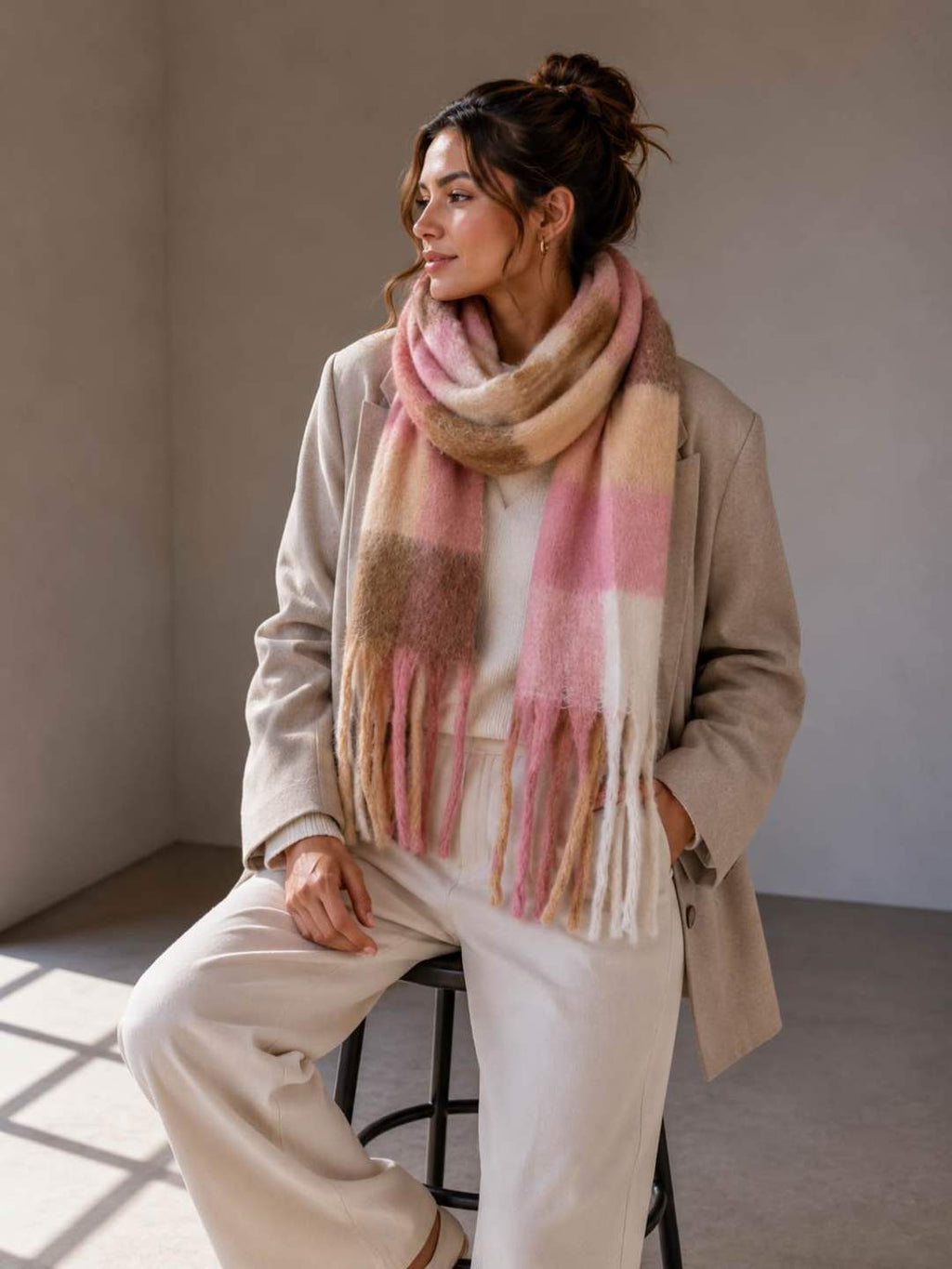 Viscose Sjaal met Franjes – Blokken Poederroze & Beige | 210x38cm | Wauw Fashion