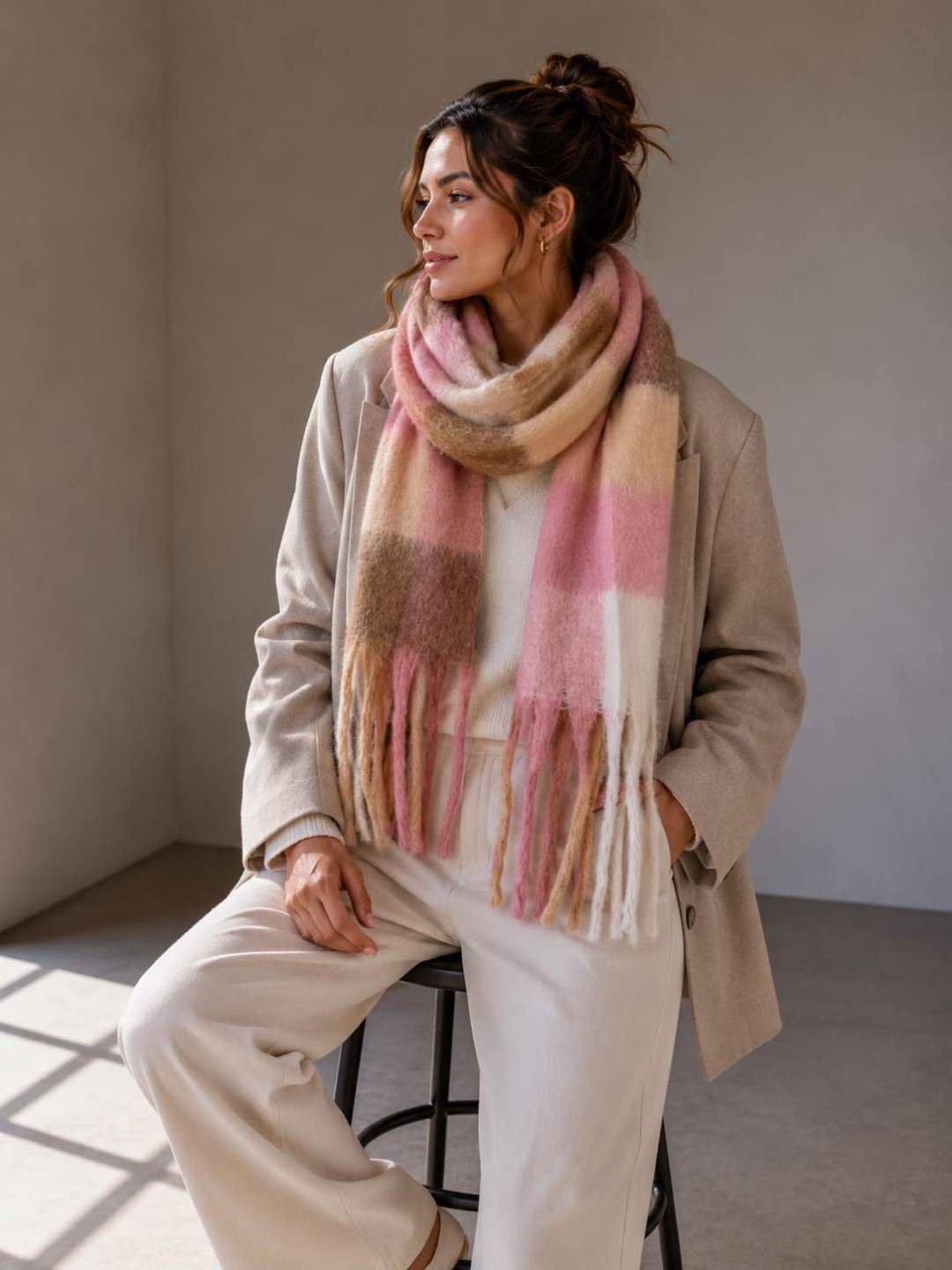 Viscose Sjaal met Franjes – Blokken Poederroze & Beige | 210x38cm | Wauw Fashion