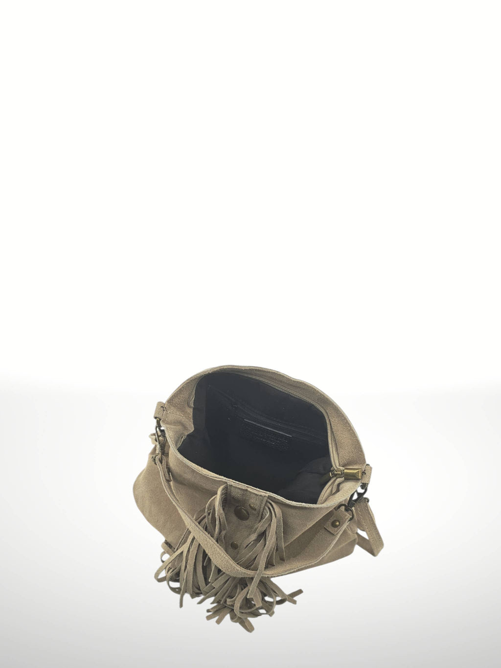 Bohemien Hobo Tas Taupe met Franjes - Echt Suède Rundleer - Italian's Leather Collectie