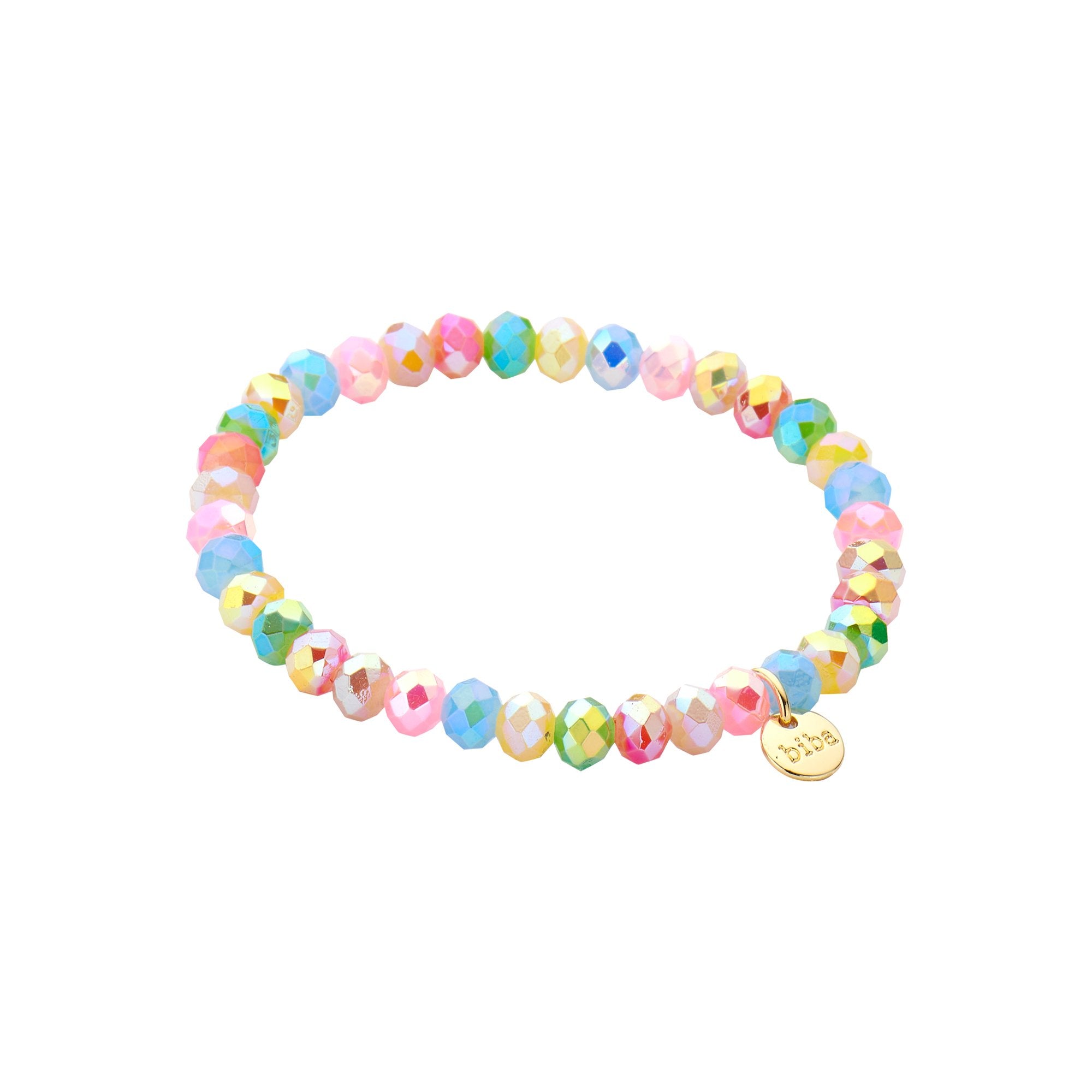 Biba Armband Multicolor Crystal Beads 18cm - 6mm Statement Elastiek Gouden Bedel
