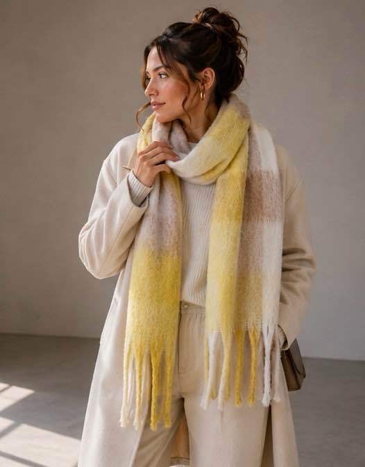 Sjaal met Franjes – Geel & Beige Blokken | 210x38cm | Wauw Fashion (nl)