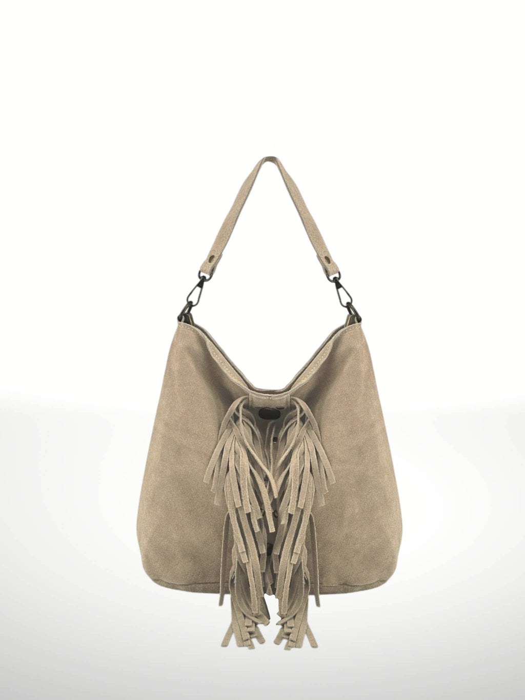 Bohemien Hobo Tas Taupe met Franjes - Echt Suède Rundleer - Italian's Leather Collectie