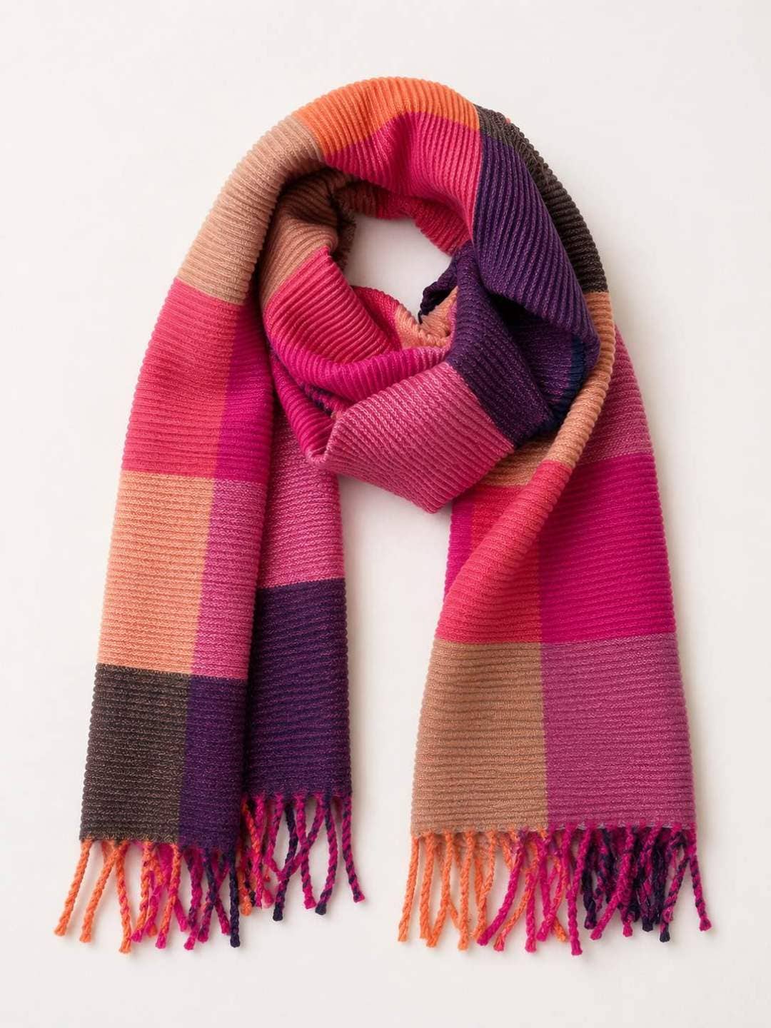 Viscose Sjaal met Franjes – Kleurblokken Fuchsia & Roze | 210x38cm | Wauw Fashion