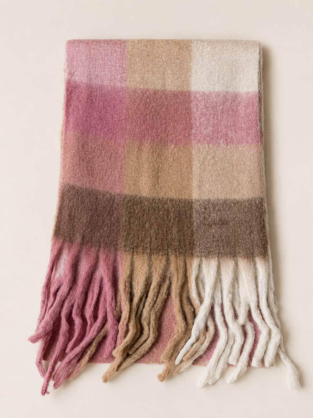 Viscose Sjaal met Franjes – Blokken Poederroze & Beige | 210x38cm | Wauw Fashion