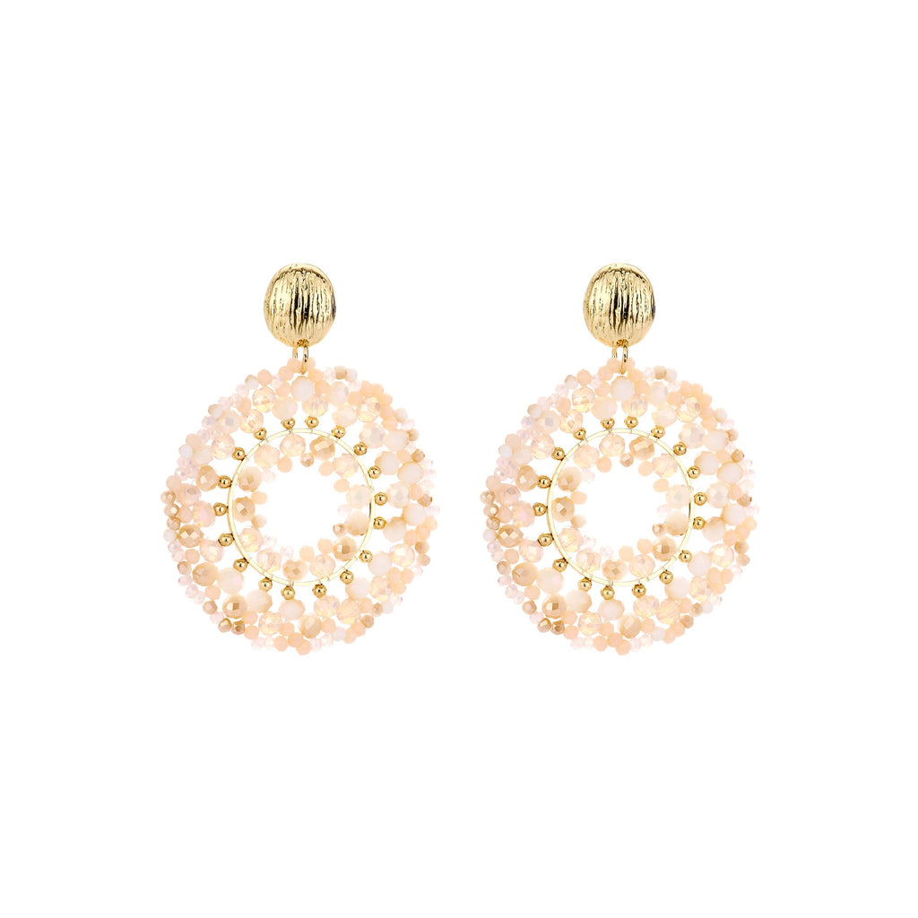 Biba Oorbellen – Beige met Crystal & Acryl | Ronde Statement Hangers 56mm