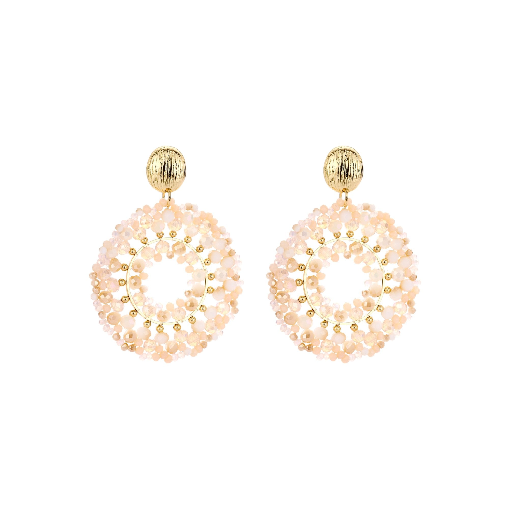 Biba Oorbellen – Beige met Crystal & Acryl | Ronde Statement Hangers 56mm