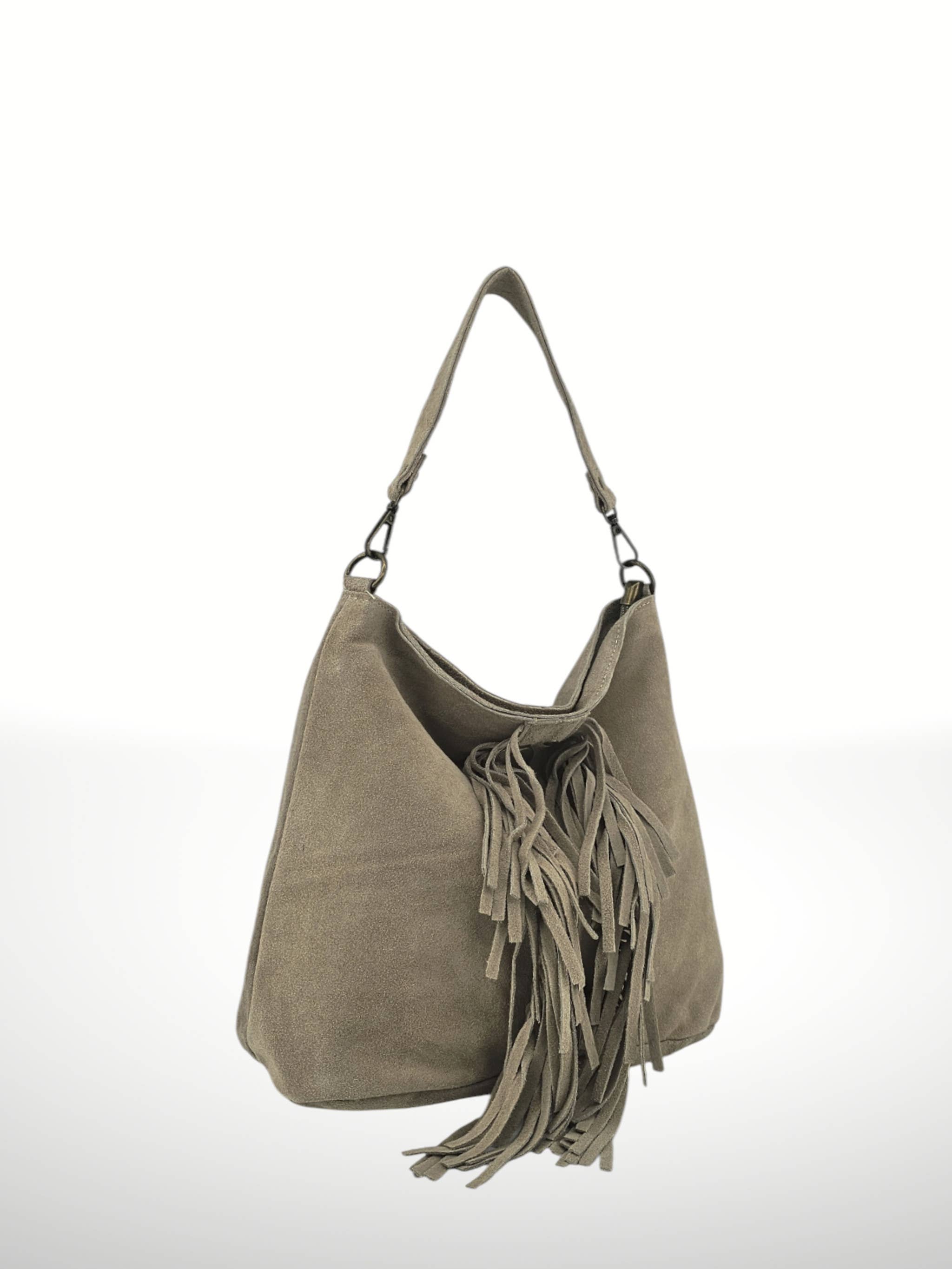 Bohemien Hobo Tas Taupe met Franjes - Echt Suède Rundleer - Italian's Leather Collectie