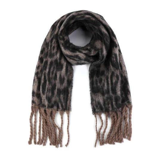 Khaki Leopard Print Sjaal met Franjes - 100% Viscose 50x180cm