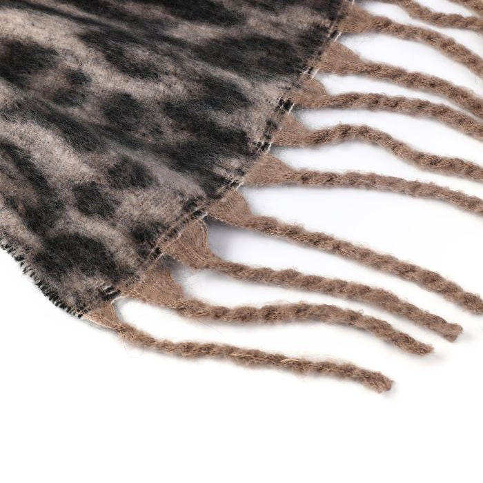 Khaki Leopard Print Sjaal met Franjes - 100% Viscose 50x180cm