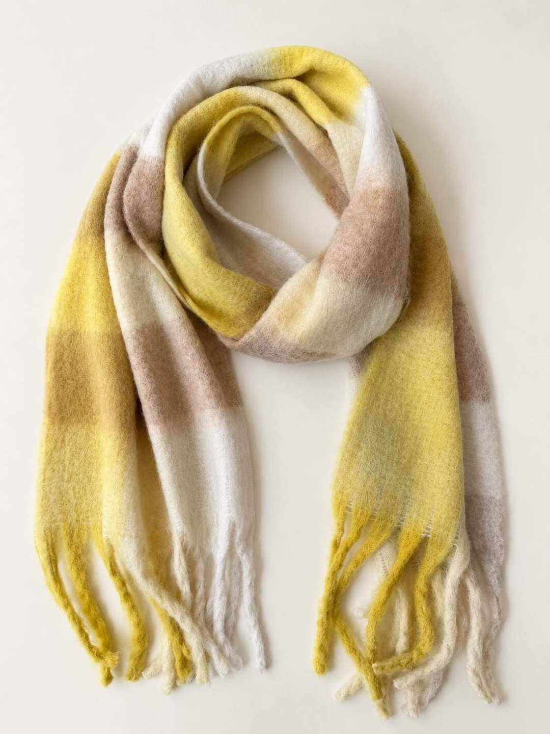 Sjaal met Franjes – Geel & Beige Blokken | 210x38cm | Wauw Fashion (nl)