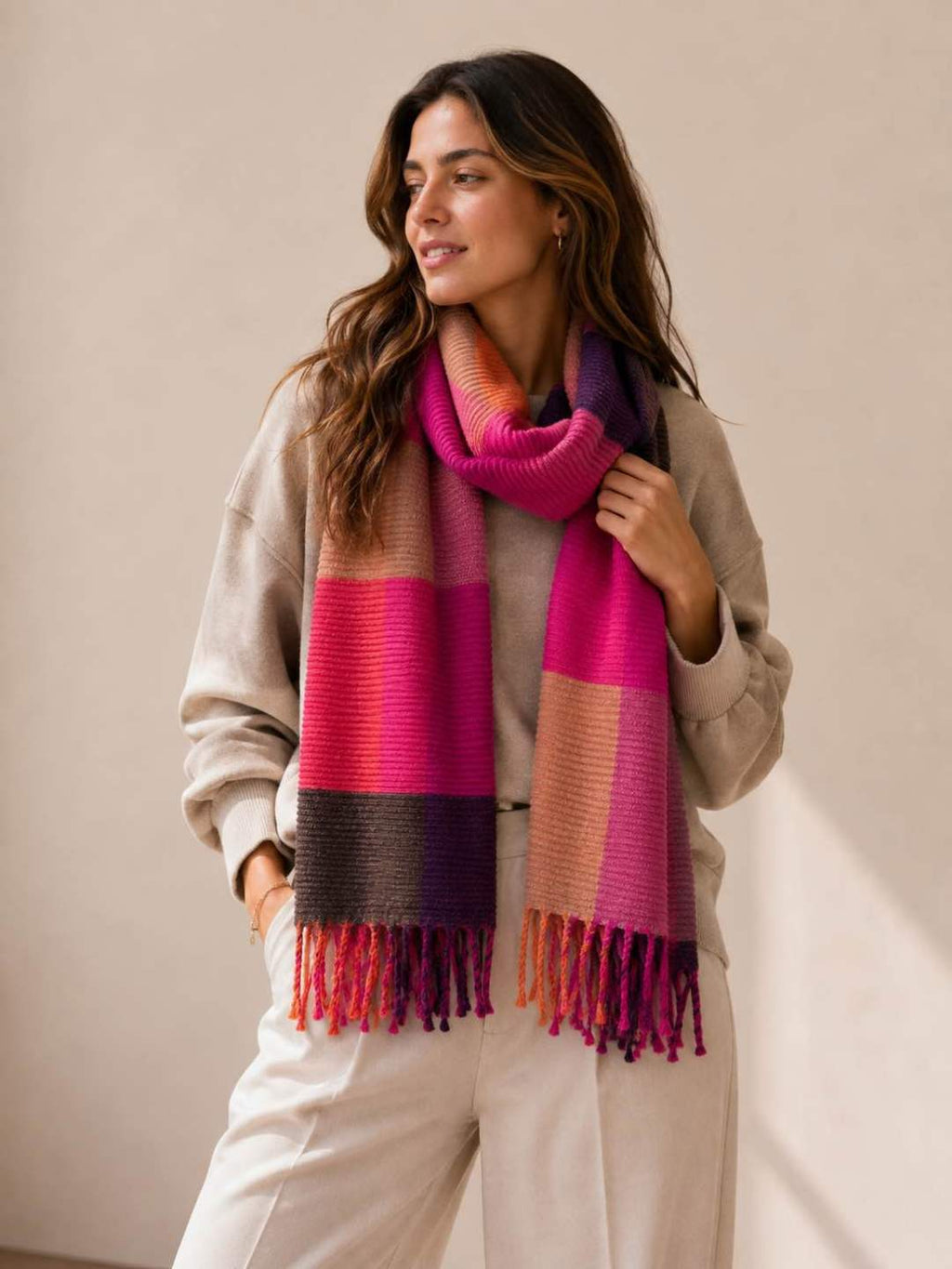 Viscose Sjaal met Franjes – Kleurblokken Fuchsia & Roze | 210x38cm | Wauw Fashion