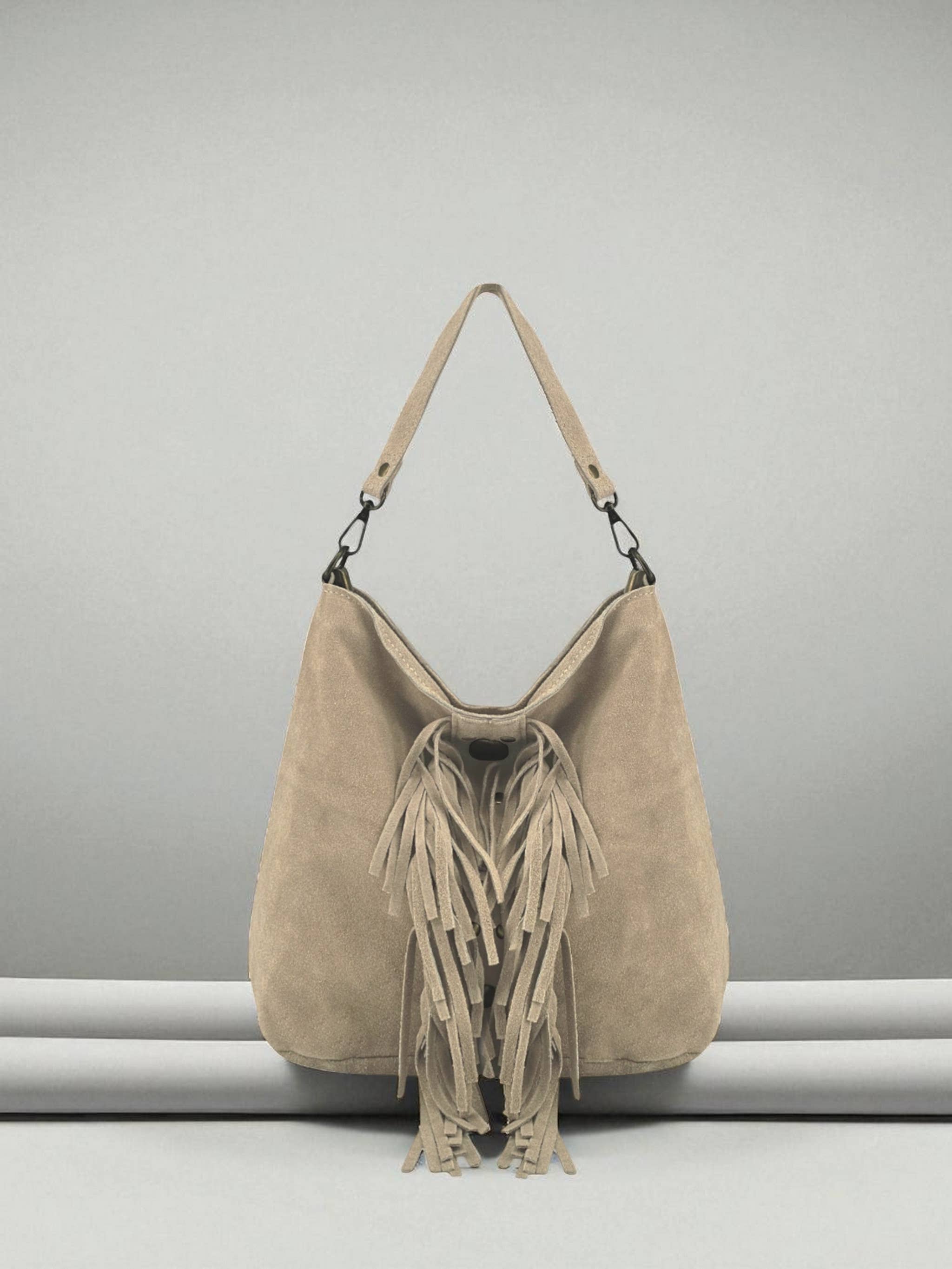 Bohemien Hobo Tas Taupe met Franjes - Echt Suède Rundleer - Italian's Leather Collectie
