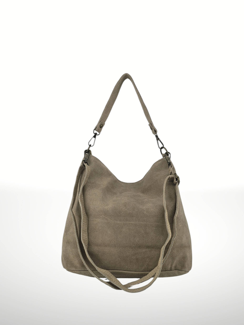 Bohemien Hobo Tas Taupe met Franjes - Echt Suède Rundleer - Italian's Leather Collectie