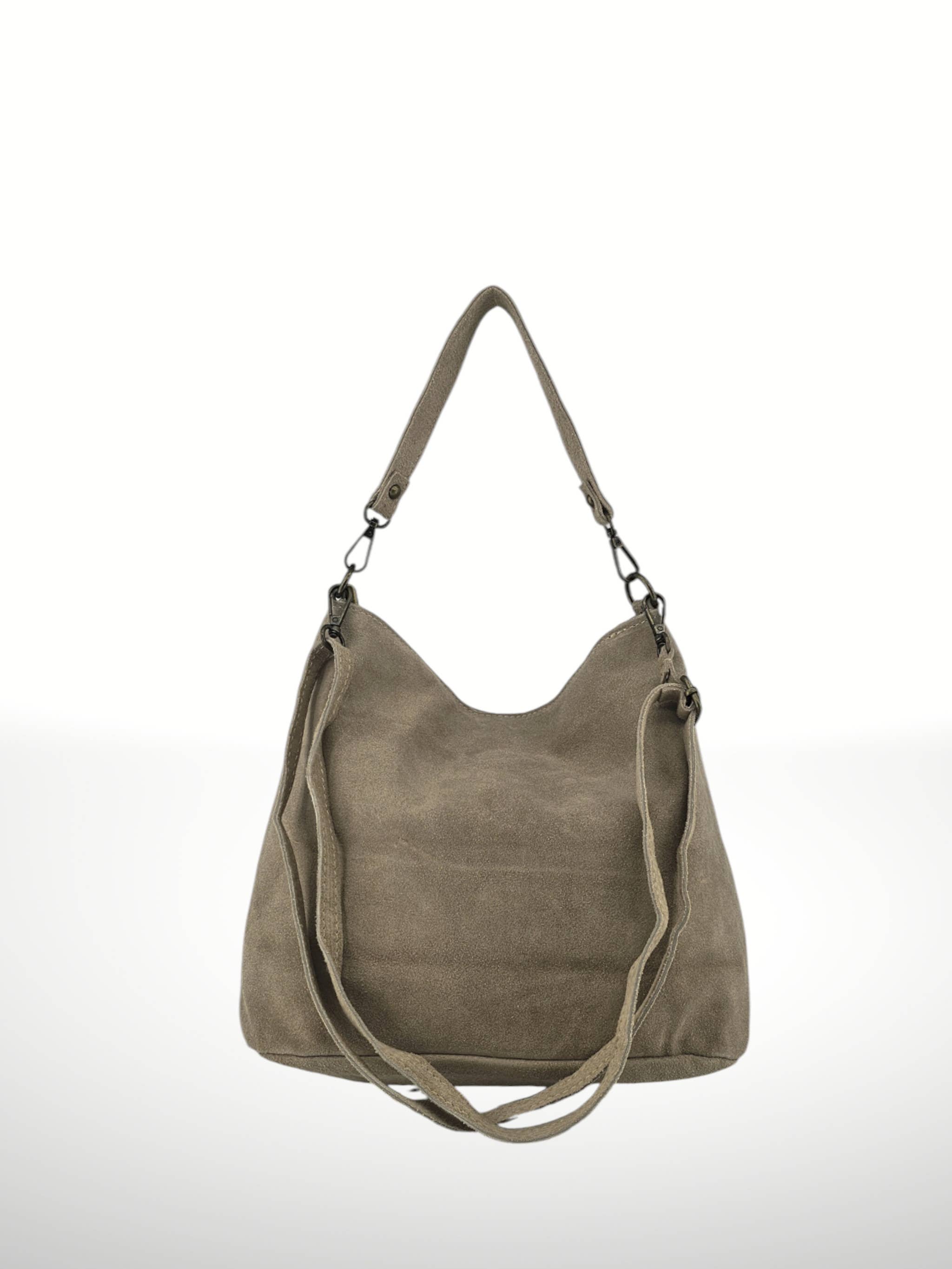 Bohemien Hobo Tas Taupe met Franjes - Echt Suède Rundleer - Italian's Leather Collectie