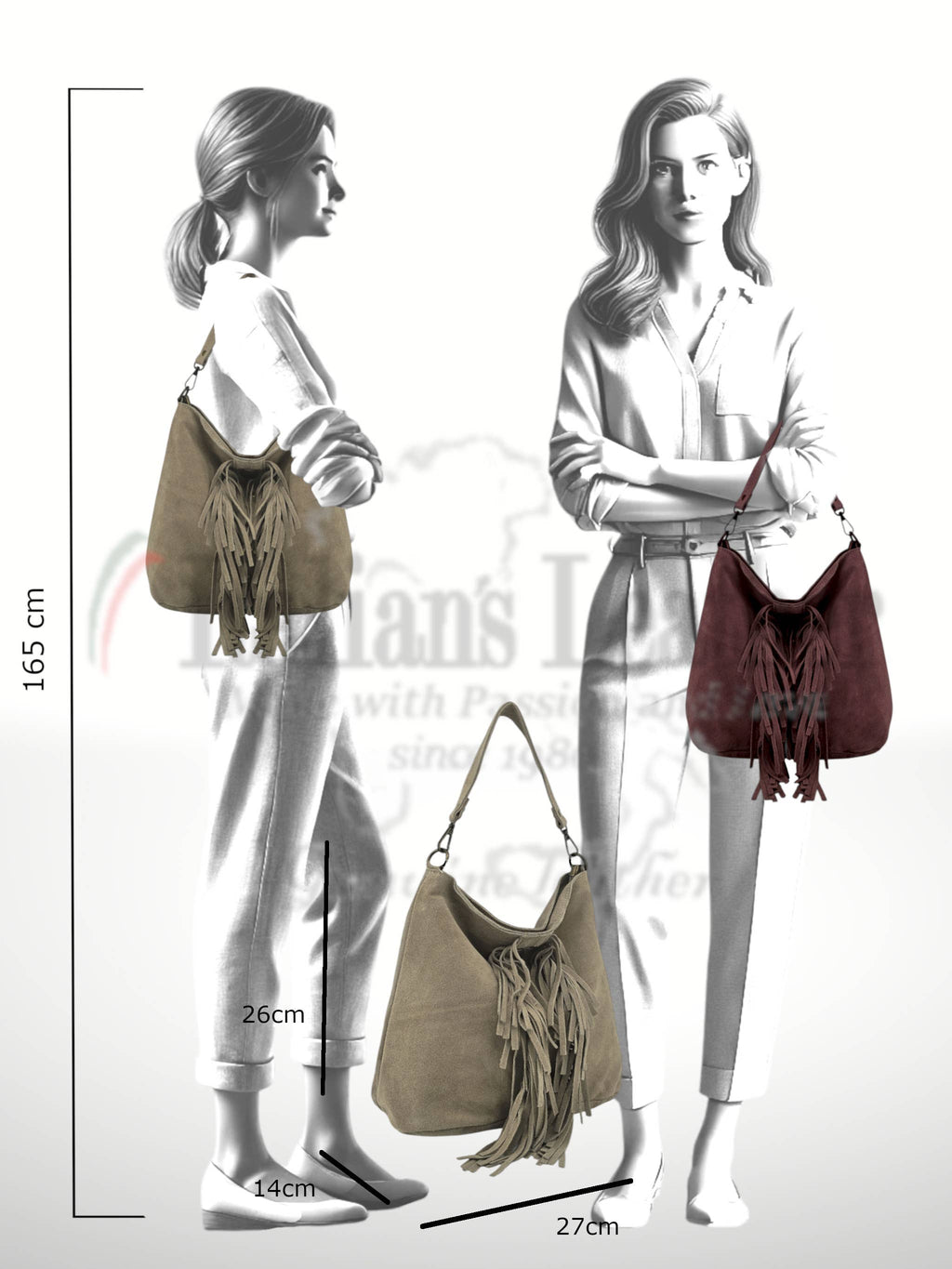 Bohemien Hobo Tas Taupe met Franjes - Echt Suède Rundleer - Italian's Leather Collectie