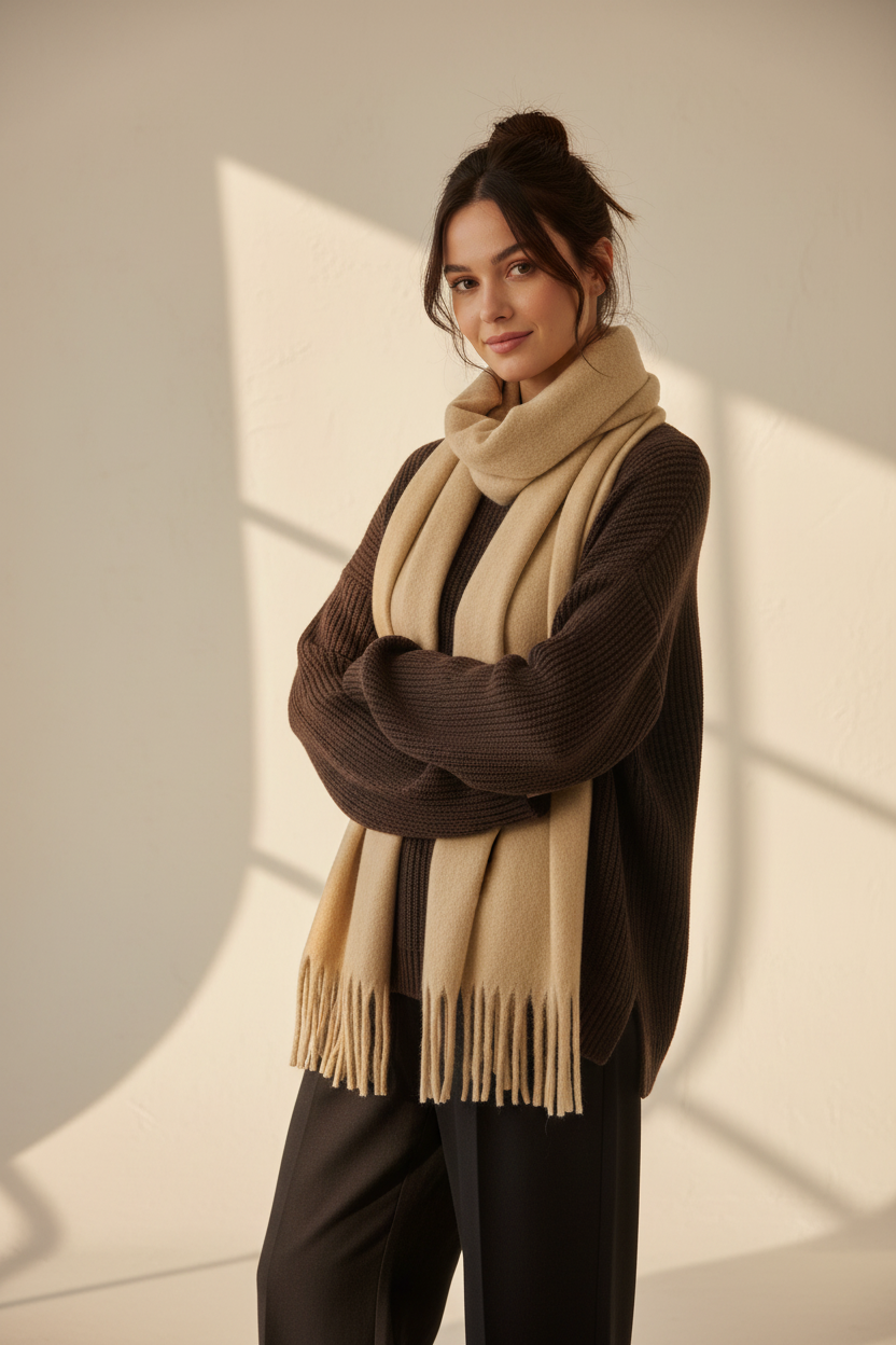 Model met camel sjaal in nieuwe pose