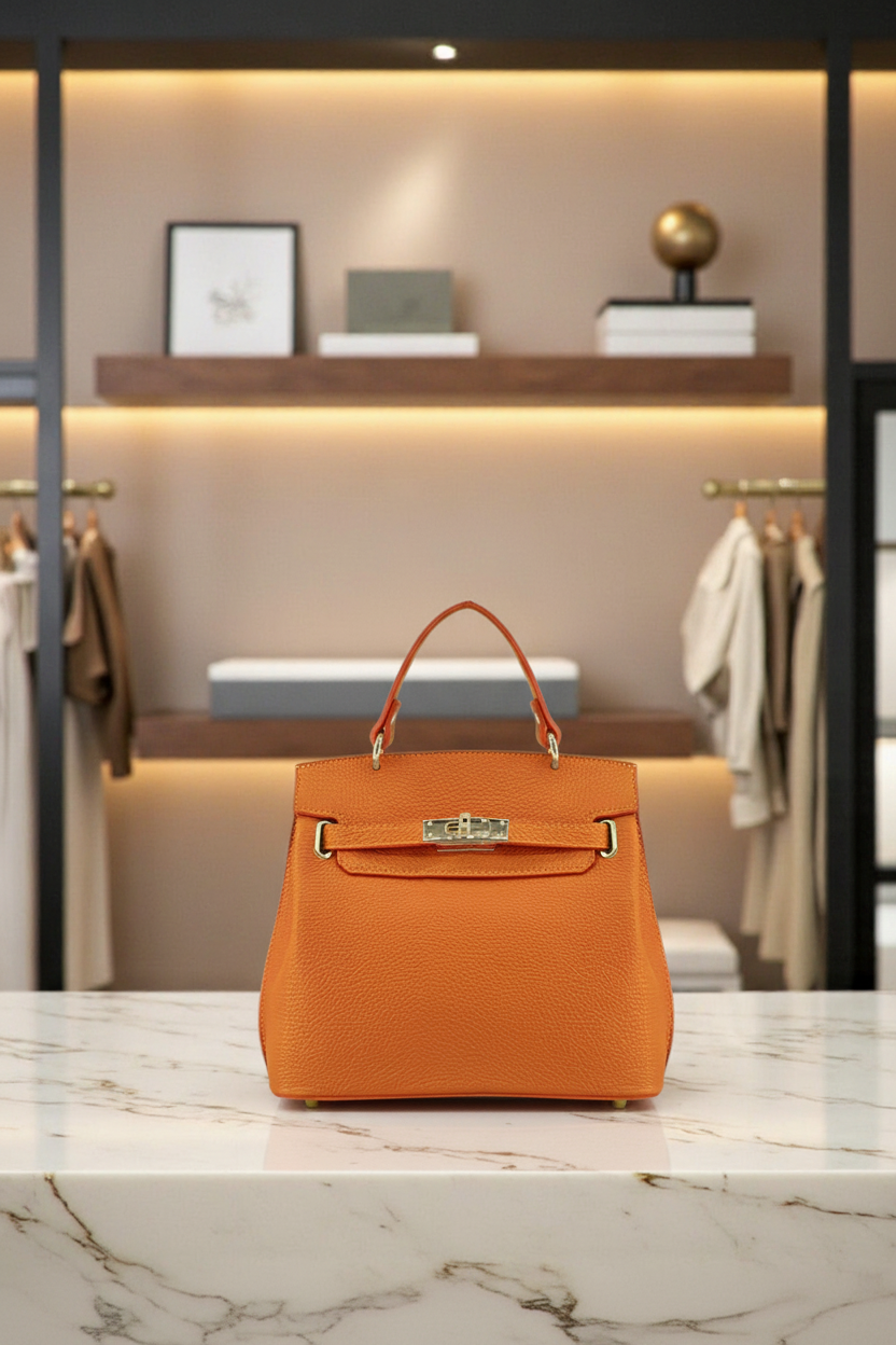 Oranje leren tas luxe boutique display