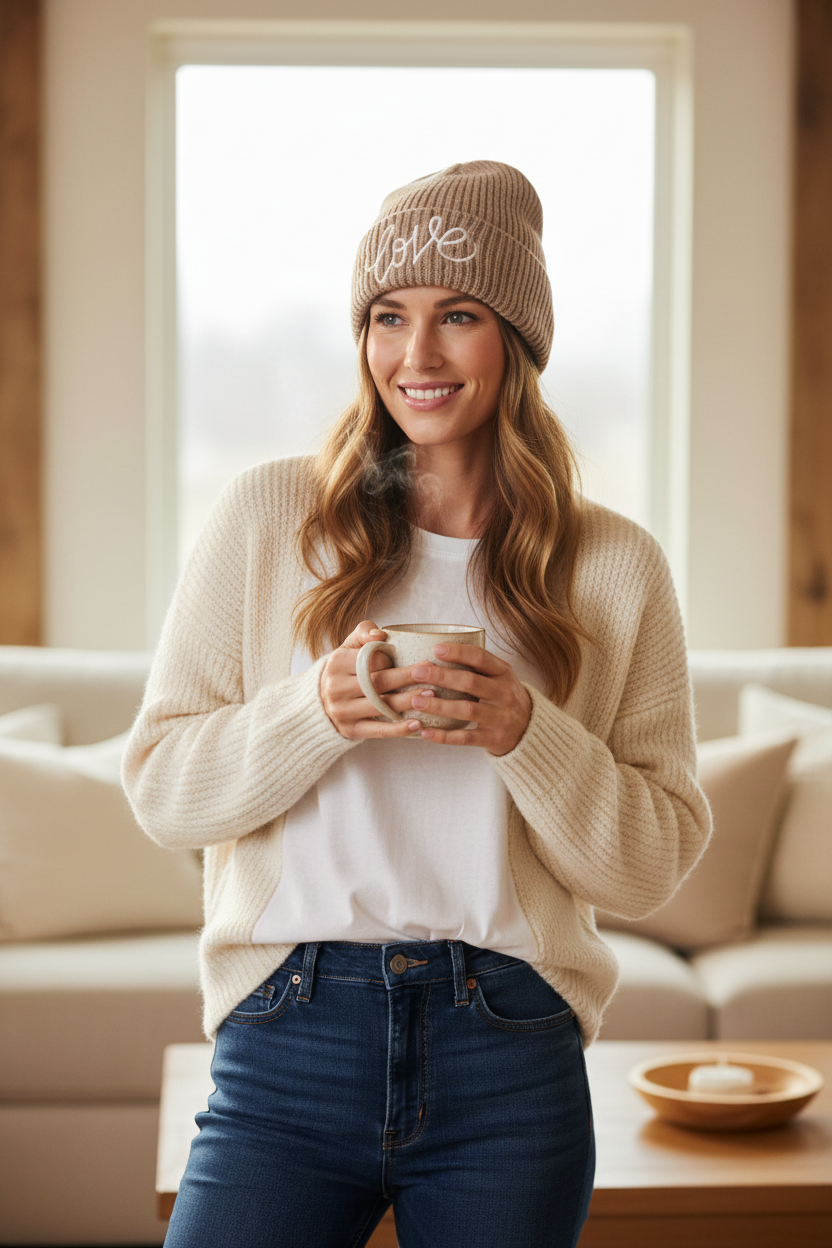 Vrouw met beige muts