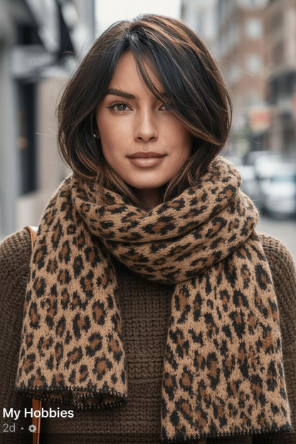 Vrouw met dikke luipaardprint sjaal