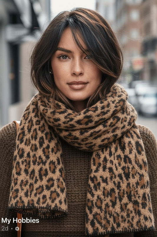 Vrouw met dikke luipaardprint sjaal