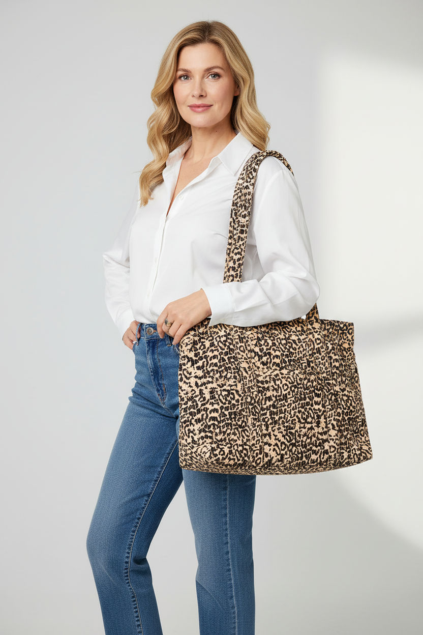 Vrouw met luipaardprint tote bag
