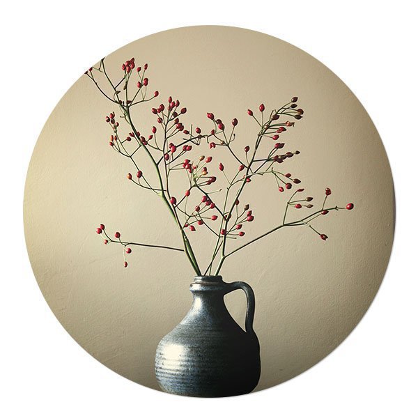 Wall circle Blue vase with red berries in Aluminum (di-bond) or Forex
