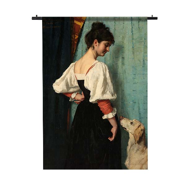 Gobelin Porträt einer jungen Frau mit dem Hund Puck