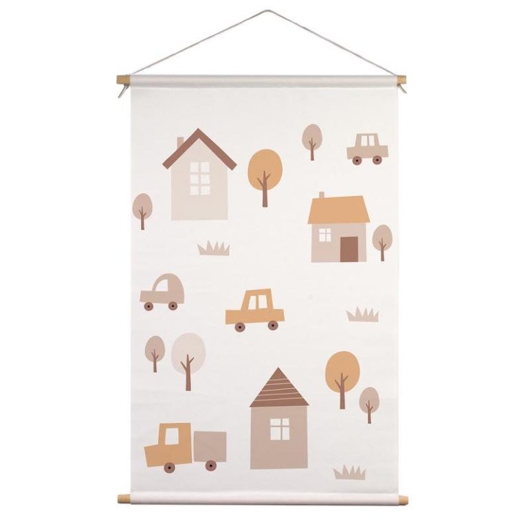 Textile poster city with cars, houses and trees